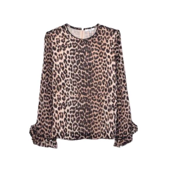 Ganni leopard print blouse long sleeve ruffle round neck size 34 or XS - Picture 1 of 8
